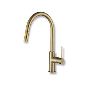 Clara Round Brushed Gold Gooseneck Pull Out Sink Mixer - Timeless Bathroom Supplies