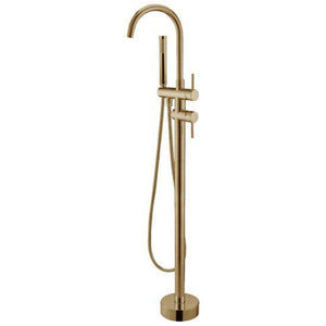 Pentro Brushed Gold Floorstanding Bath Spout With Mixer & Handheld - Timeless Bathroom Supplies